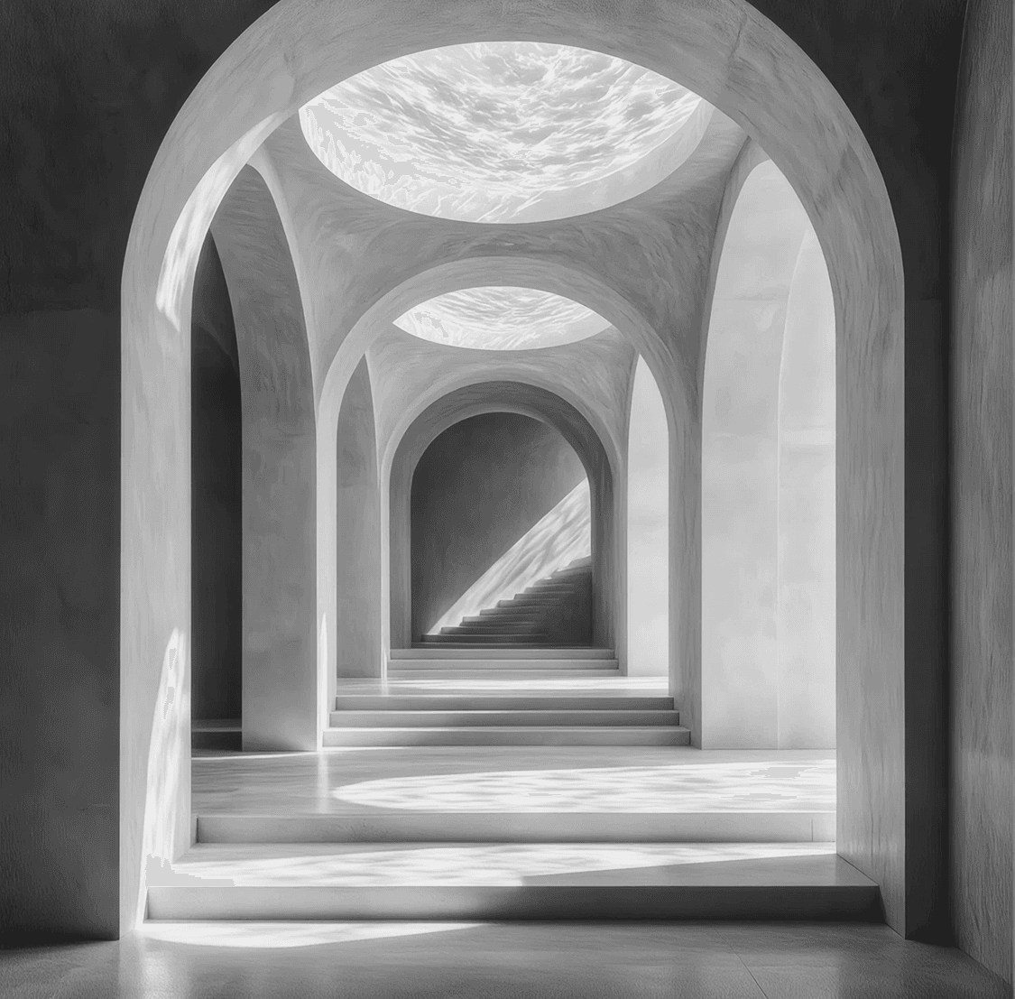 A vaulted arcade of arches opening onto a sunlit staircase