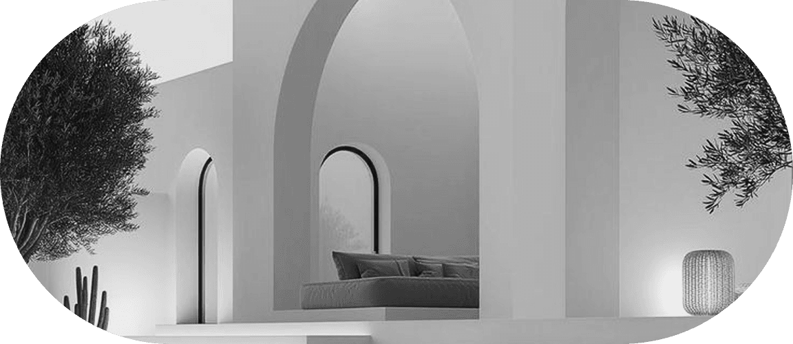 An arched courtyard bedroom framed by olive trees