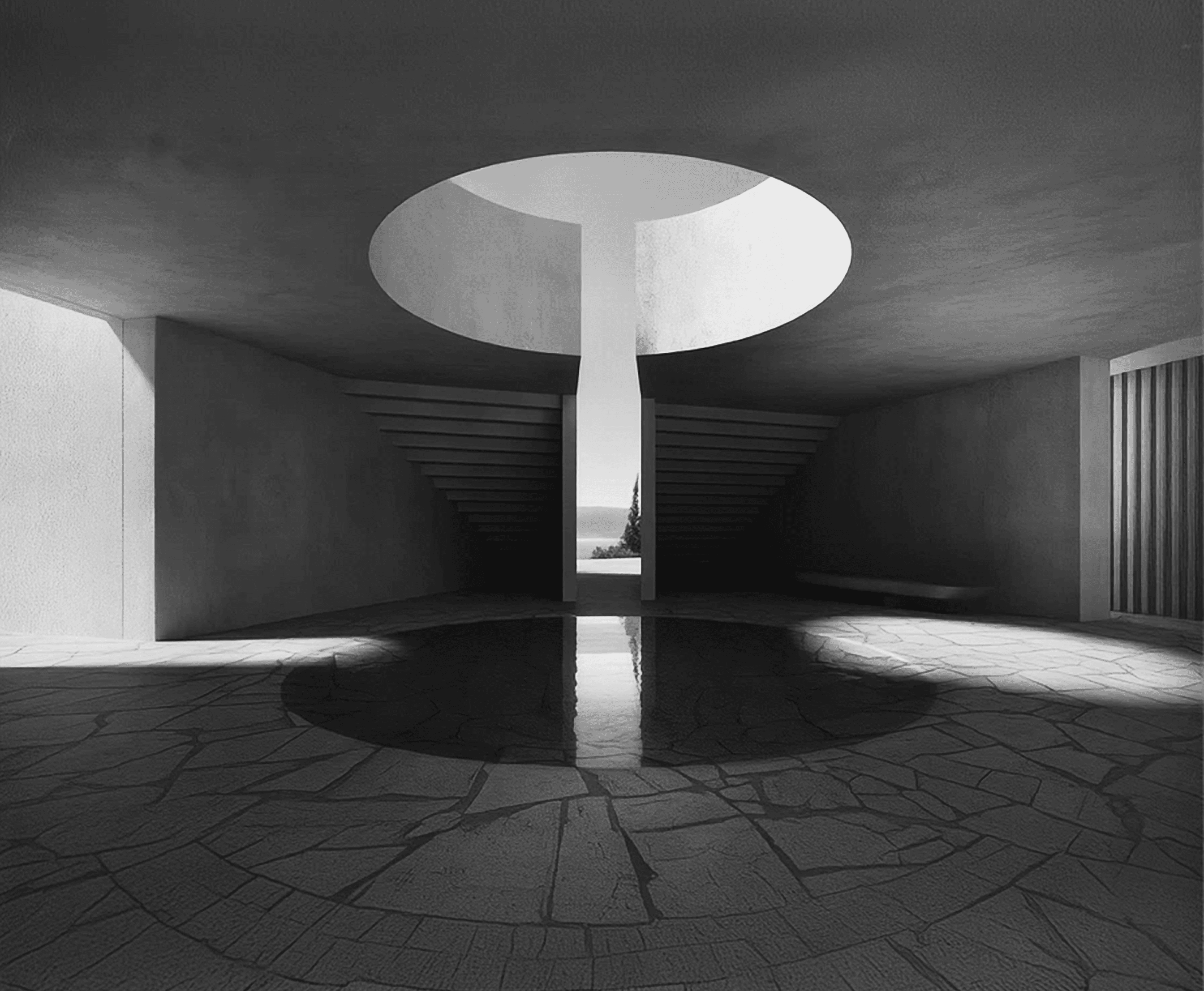 A concrete hall with a circular oculus opening above a reflecting pool