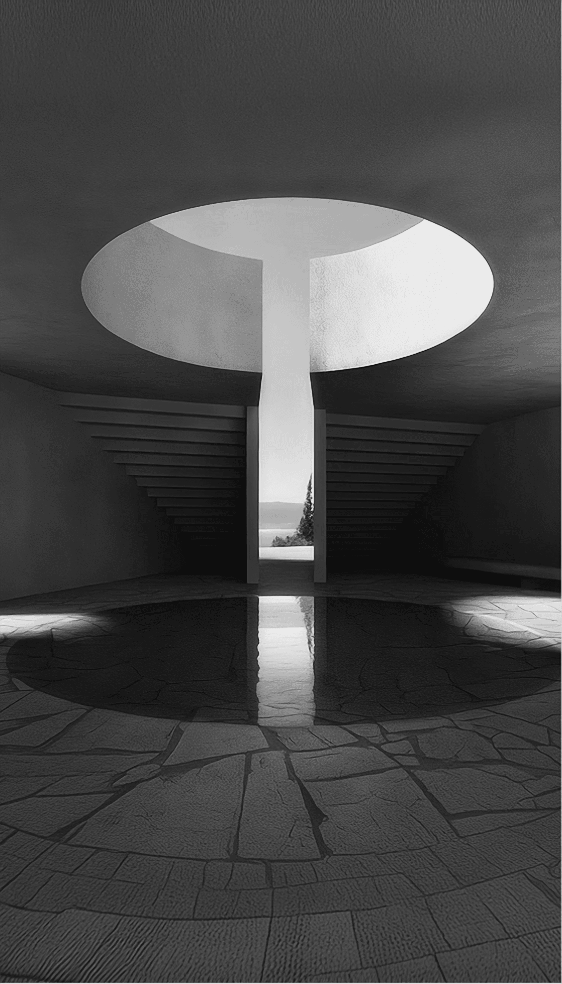 A concrete hall with a circular oculus opening above a reflecting pool